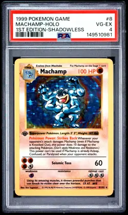 1999 POKEMON GAME 1ST EDITION-SHADOWLESS #8 MACHAMP-HOLO PSA 4 - Image 1