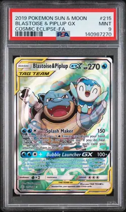 2019 POKEMON SUN & MOON COSMIC ECLIPSE #215 FULL ART/BLASTOISE & PIPLUP GX PSA 9 - Image 1