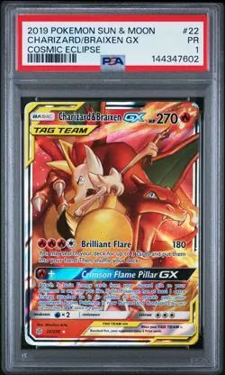 Charizard & Braixen GX PSA 1 2019 Pokemon Sun & Moon Cosmic Eclipse #22 POP 7 - Image 1