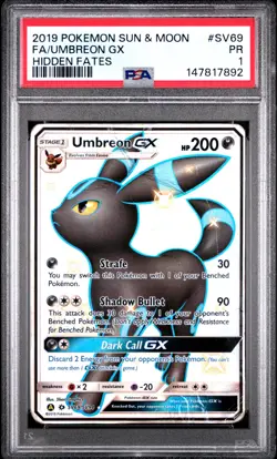 Umbreon GX Full Art PSA 1 2019 Pokemon Sun & Moon Hidden Fates #SV69 POP 3 - Image 1