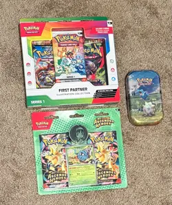 Pokemon TCG First Partner Illustration + Ascended Heroes 2 Pack Blister + Tin - Image 1