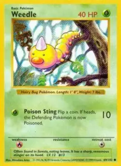 Damaged, English Pokemon Regular Weedle - 69/102 - Common - Shadowless Edition B - Image 1