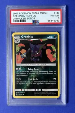 2019 Pokemon Sun & Moon Greninja Rev Foil Unbroken Bonds #117 PSA 8 NM-MT - Image 1