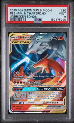 2019 POKEMON SUN MOON UNBROKEN BONDS #20 RESHIRAM & CHARIZARD TAG TEAM GX PSA 9 - Image 1