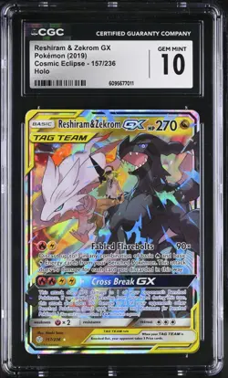 2019 POKEMON COSMIC ECLIPSE RESHIRAM & ZEKROM GX 157/236 ENGLISH CGC 10 GEM MINT - Image 1