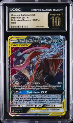 2019 POKEMON UNBROKEN BONDS GRENINJA & ZOROARK GX TAG TEAM #107 CGC 10 PRISTINE - Image 1