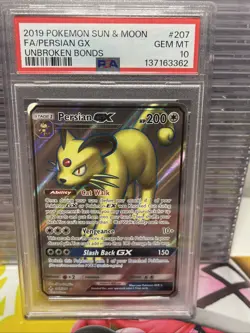 2019 POKEMON SUN & MOON UNBROKEN BONDS #207 FULL ART/PERSIAN GX PSA 10 - Image 1