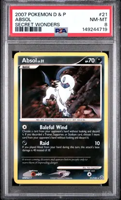 PSA 8 NM-MT 2007 POKEMON DIAMOND & PEARL Secret Wonders #21 Absol Non Holo Rare - Image 1
