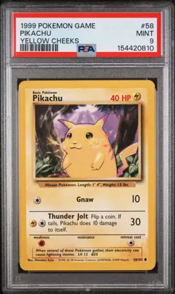 1999 POKEMON BASE SET UNLIMITED YELLOW CHEEKS #58 PIKACHU PSA 9 - Image 1