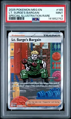 2025 Pokemon Mega Evolution Base #185 SIR Lt. Surge's Bargain PSA 9 Mint - Image 1