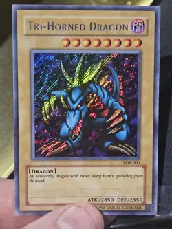 Yugioh Tri-Horned Dragon Legend of Blue-Eyes Secret Rare LOB-000 NM Reprint🔥 - Image 1