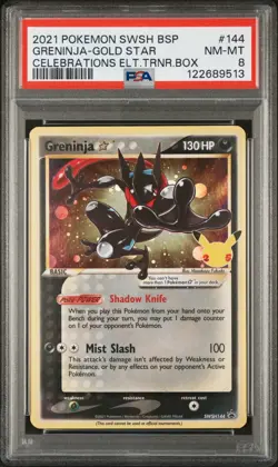 2021 Pokemon SWSH Celebrations ETB Promo Greninja Gold Star #144 PSA 8 - Image 1
