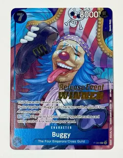 One Piece Buggy OP10 Gold Stamped Pre-Release Winner Promo P-084 English Card - Image 1