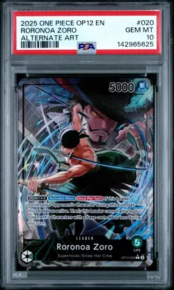 2025 One Piece OP12 EN Roronoa Zoro Alternate Art #020 PSA 10 GEM MINT - Image 1