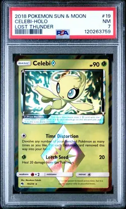 2018 POKEMON SUN & MOON LOST THUNDER #19 CELEBI-HOLO PSA 7 - Image 1