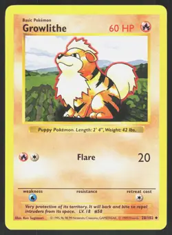 Growlithe 28/102 Base Set Shadowless Unlimited Pokemon Card NM - Image 1