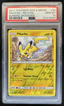 2017 Pokemon SM Burning Shadows Pikachu Reverse Holo #40/147 PSA 10 GEM MINT - Image 1