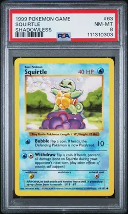 1999 POKEMON GAME BASE SET #63/102 SQUIRTLE SHADOWLESS PSA 8 - Image 1