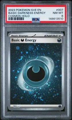 2023 POKEMON SVE EN-BASIC ENERGIES COSMOS HOLO #007 BASIC DARKNESS ENERGY PSA 8 - Image 1