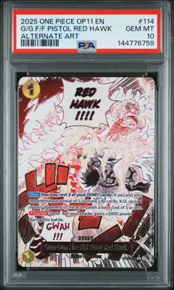 2025 One Piece OP11 EN G/G F/F Pistol Red Hawk Alternate Art 114 PSA 10 GEM MINT - Image 1