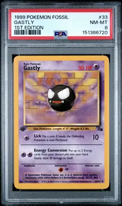 1999 POKEMON FOSSIL 1ST EDITION #33 GASTLY PSA 8 - Image 1