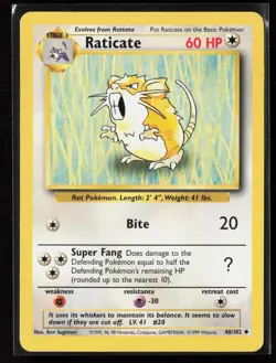 Raticate 40/102 Uncommon Base Set Unlimited WOTC Vintage Pokemon LP - Image 1
