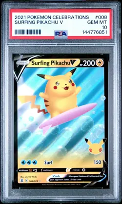 2021 Pokemon Celebrations Surfing Pikachu V #008 PSA 10 GEM MINT - Image 1