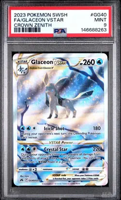2023 POKEMON SWORD & SHIELD CROWN ZENITH #GG40 FULL ART/GLACEON VSTAR PSA 9 - Image 1