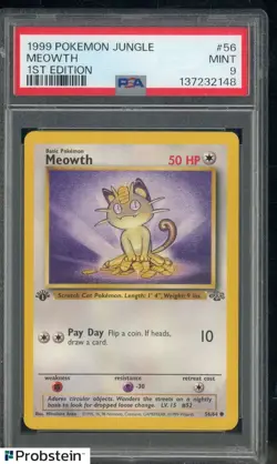 1999 Pokemon Jungle 1st Edition #56 Meowth PSA 9 MINT - Image 1
