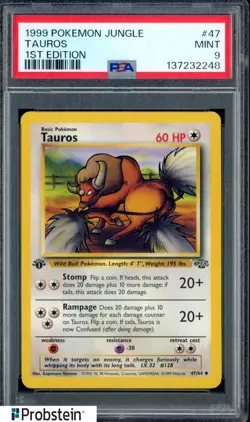 1999 Pokemon Jungle 1st Edition #47 Tauros PSA 9 MINT - Image 1