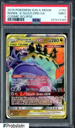 2019 Pokemon Sun & Moon Cosmic Eclipse #158 Naganadel & Guzzlord Gx PSA 9 MINT - Image 1