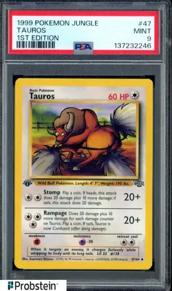 #2 1999 Pokemon Jungle 1st Edition #47 Tauros PSA 9 MINT - Image 1