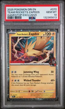 2025 POKEMON DESTINED RIVALS GAMESTOP EXCLUSIVE TEAM ROCKET'S ZAPDOS PSA 10 - Image 1