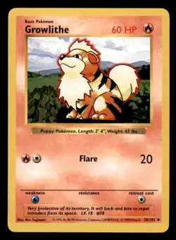 Growlithe 28/102 Uncommon Base Set Shadowless Pokemon Unlimited Near Mint - Image 1