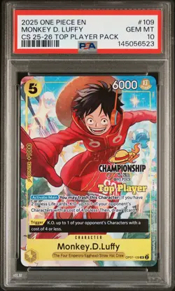 2025 ONE PIECE CHAMPIONSHIP 25-26 TOP PLAYER PACK #109 MONKEY D. LUFFY PSA 10 - Image 1