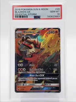 BLAZIKEN GX 2018 POKEMON CELESTIAL STORM RARE HOLO 28/168 PSA 10 Q6438 - Image 1