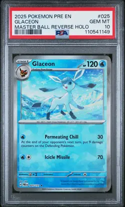 2025 POKEMON PRE EN-PRISMATIC EVOLUTIONS MASTER BALL REVERSE HOLO GLACEON PSA 10 - Image 1