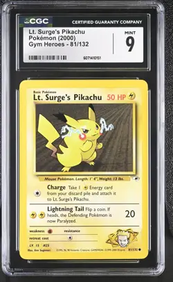 CGC 9 MINT Lt. Surge's Pikachu 2000 Gym Heroes 81/132 Pokemon Card - Image 1