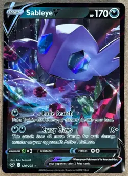 2020 POKEMON SWORD & SHIELD BASE SET SABLEYE V ULTRA RARE HOLO 120/202 NM+ - Image 1