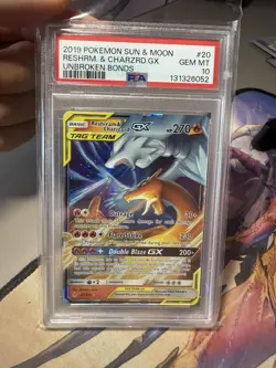2019 POKEMON SUN & MOON UNBROKEN BONDS #20 RESHIRAM & CHARIZARD GX PSA 10 - Image 1