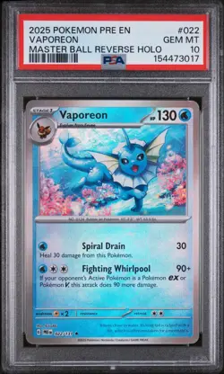 2025 POKEMON PRE EN-PRISMATIC #022 VAPOREON PSA 10 MASTER BALL REVERSE HOLO - Image 1