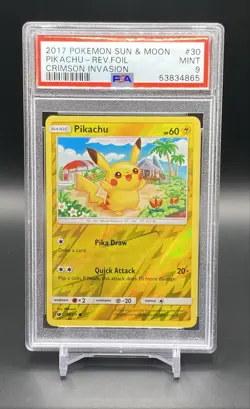 Pikachu 2017 Pokemon Sun & Moon Crimson Invasion Reverse Holo Rev Foil PSA 9 - Image 1