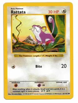 Pokemon Card: Rattata 61/102 Base Set Shadowless Rare! EXC - Image 1