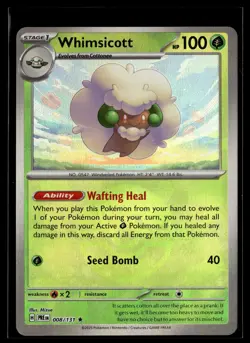 Whimsicott 008/131 Prismatic Evolutions POKEBALL Rare Pokemon - Image 1