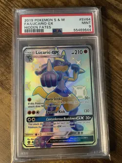 2019 POKEMON SUN & MOON HIDDEN FATES SV64 FULL ART/LUCARIO GX PSA 9 - Image 1