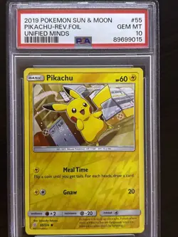 2019 Pokemon Sun & Moon Unified Minds Pikachu 55/236 Reverse Foil PSA 10 Gem MT - Image 1