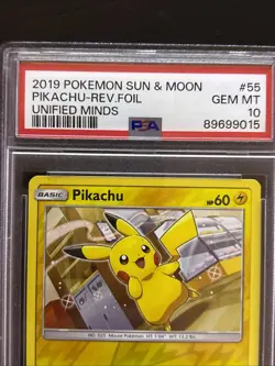 2019 Pokemon Sun & Moon Unified Minds Pikachu 55/236 Reverse Foil PSA 10 Gem MT - Image 4