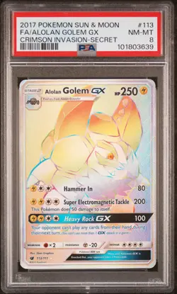 2017 POKEMON SUN & MOON CRIMSON INVASION SECRET FULL ART/ALOLAN GOLEM GX PSA 8 - Image 1