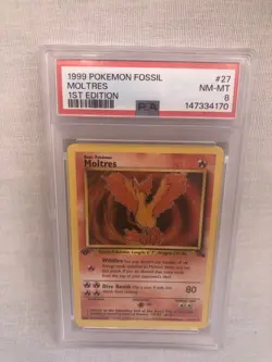 PSA 8 WOTC 1999 1st Edition Fossil Moltres 27/62 Non Holo Rare Card NM-MT - Image 1