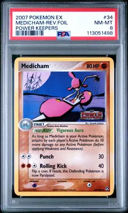 2007 POKEMON EX POWER KEEPERS #34 MEDICHAM REVERSE FOIL PSA 8 - Image 1
